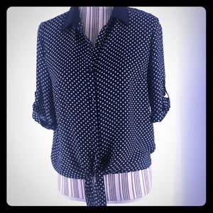 Navy blue and white polka dot loose blouse M